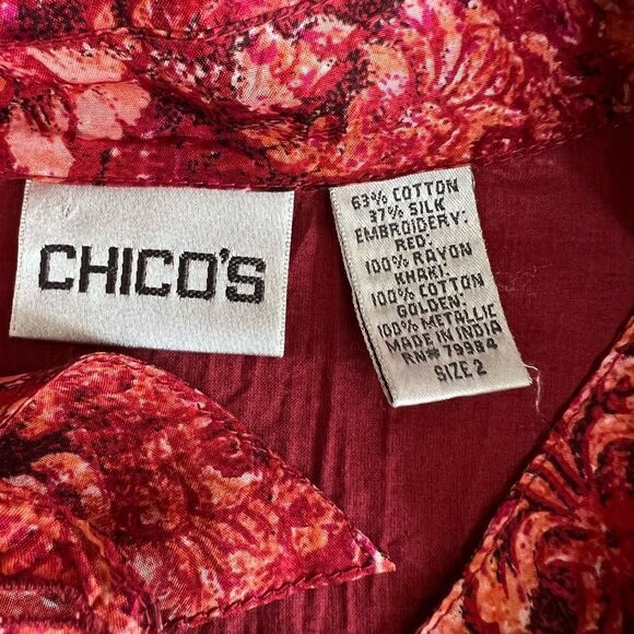 Chico’s red crinkled button down blouse cotton/silk blend size 2 or M - Picture 4 of 8